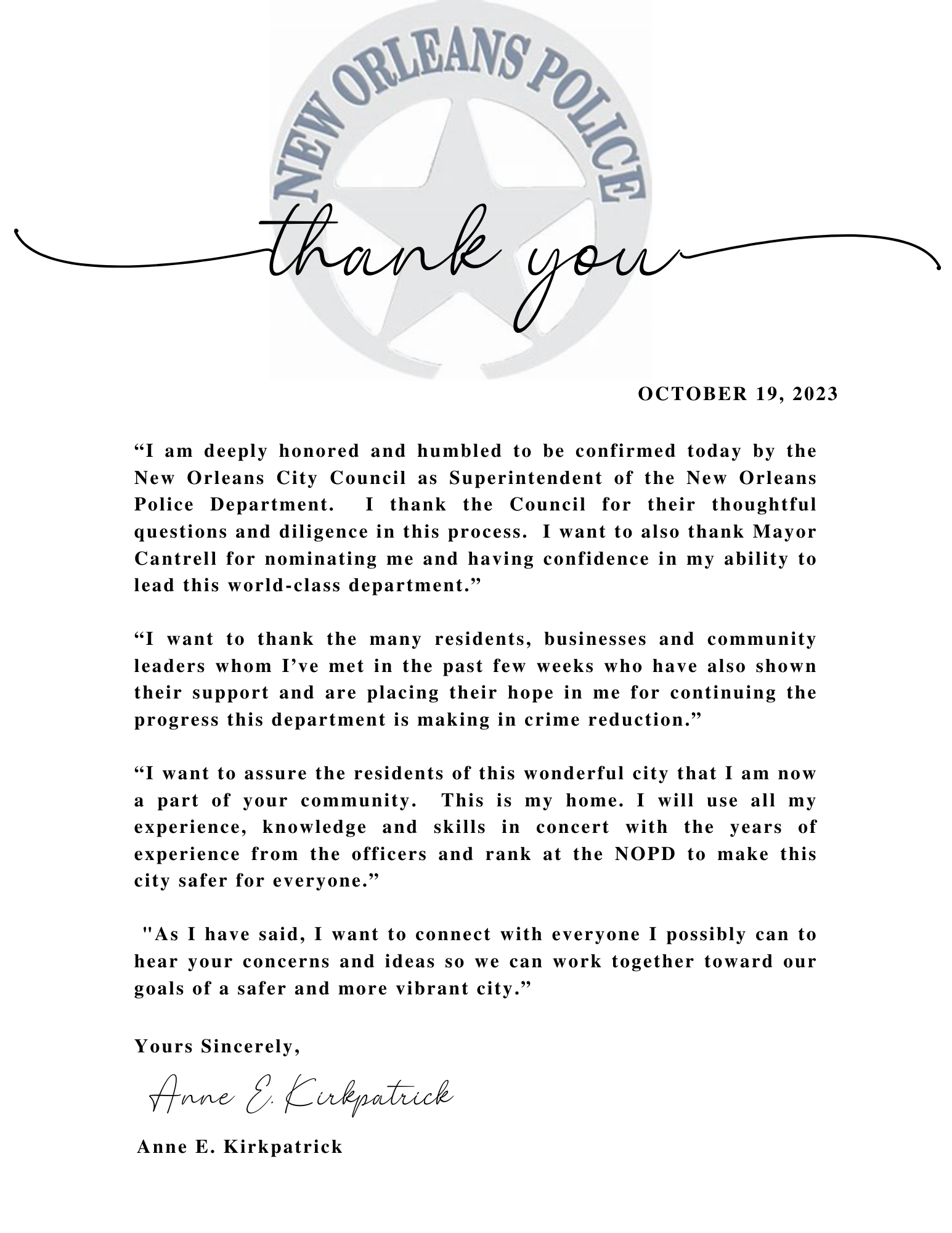 New Orleans City Council Confirms Anne Kirkpatrick as New Orleans 